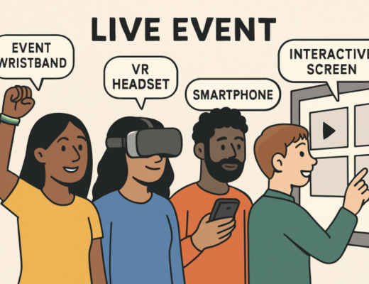 Cartoon Depiction of People Interacting with Technology at a Live Event